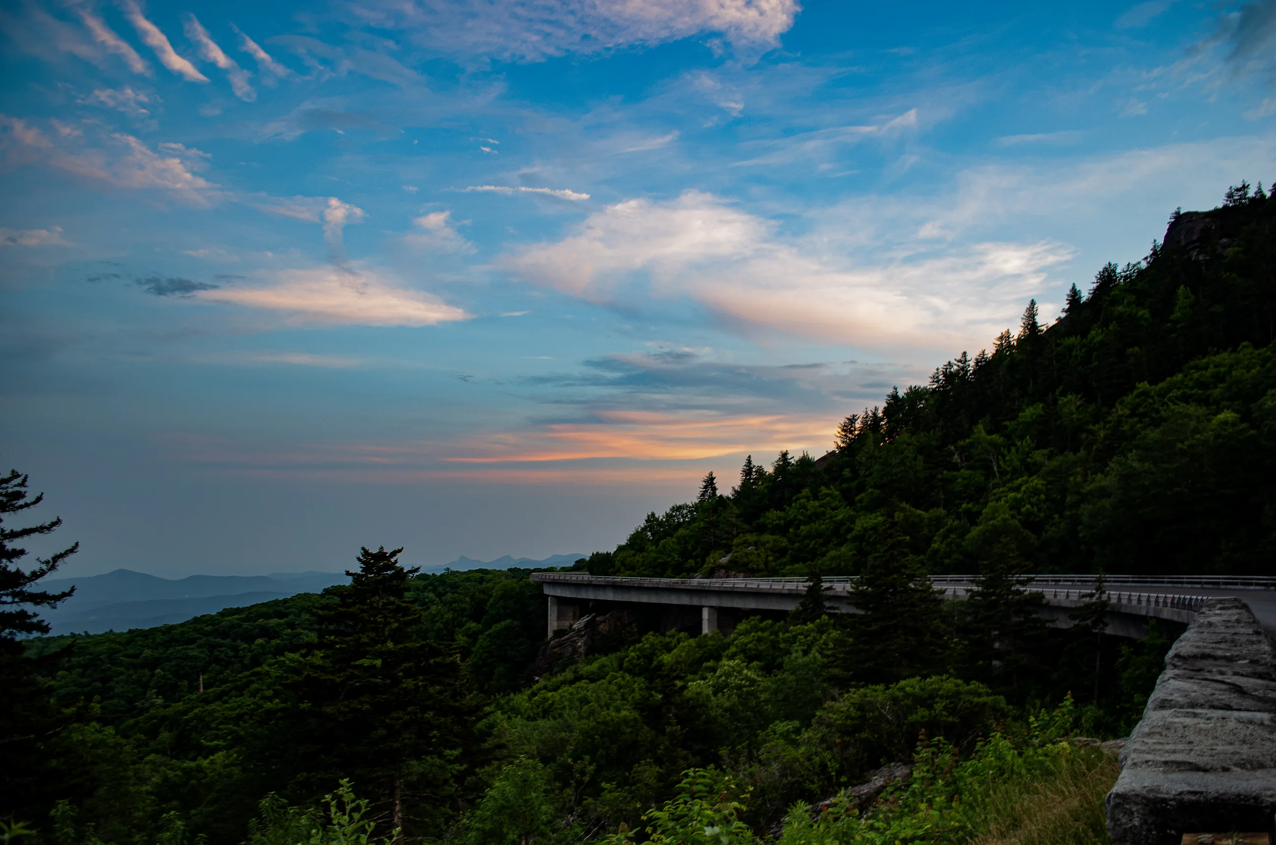 Linn Cove Viaduct winding through the Blue Ridge at sunset